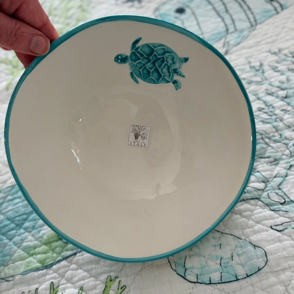 Maioliche Jessica, Italy Ceramic Coastal Bowls Set 2 Sea Turtle Seahorse Teal